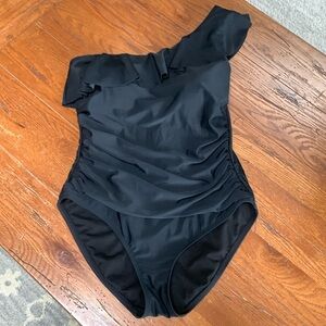 Hilor Women's One Piece Swimsuit Asymmetric Black Ruffle One Shoulder Size 14